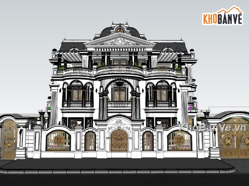 Biệt thự villa 3 tầng tân cổ điển thiết kế sketchup