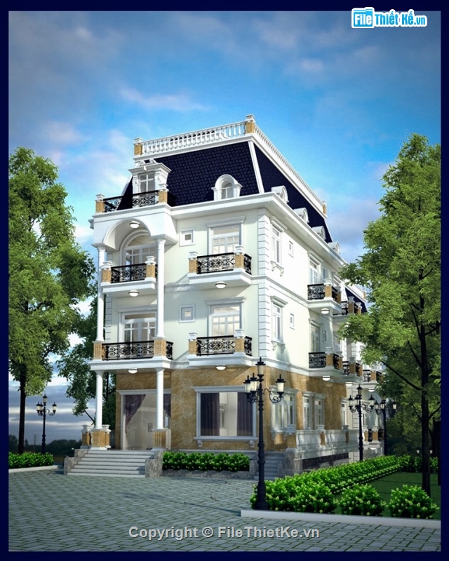 Model Sketchup Phối cảnh biệt thự tân cổ điển 2 hầm 3 tầng 9.4x26 ...