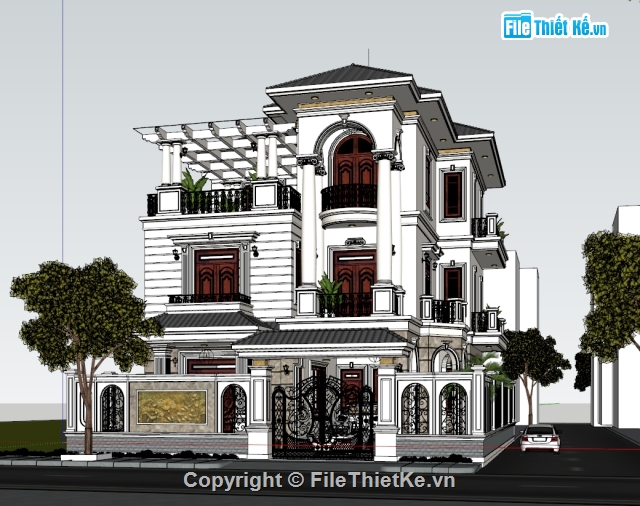 Biệt thự tân cổ điển 3 tầng 13.5x18.8m đẹp Sketchup + Autucad