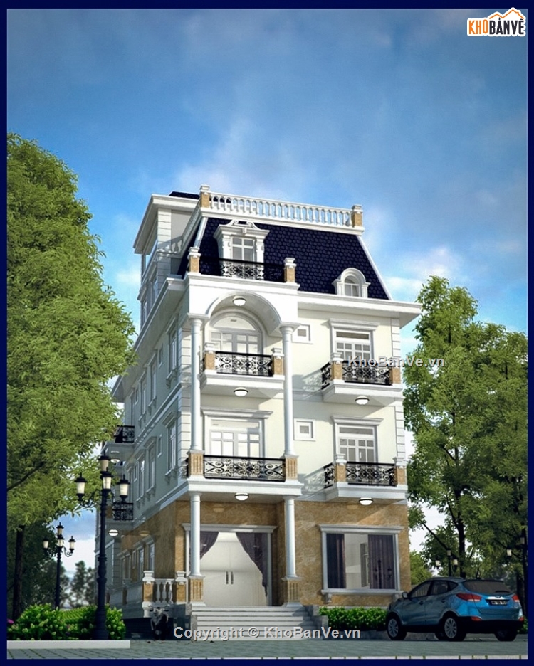 File Sketchup +Pdf biệt thự tân cổ điển 3 tầng 2 hầm 9.4x26.55m