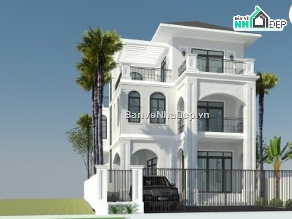 File sketchup thiết kế biệt thự tân cổ điển kích thước 8.8x17.7m