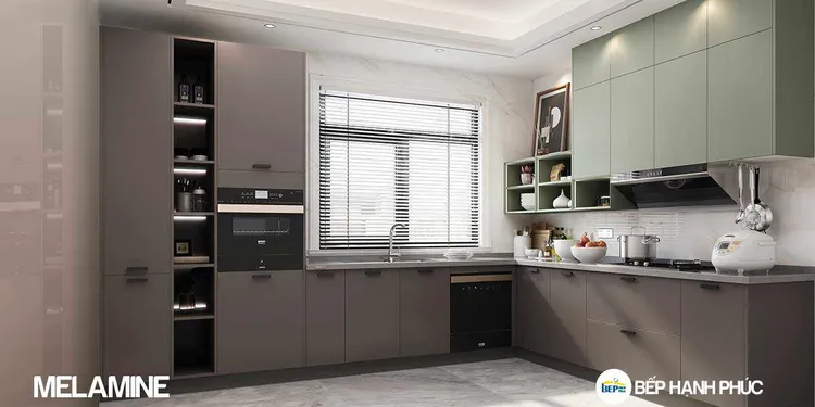 Tủ bếp thông minh từ chất liệu melamine có thiết kế sang trọng, đẹp mắt, giúp tăng tính thẩm mỹ cho không gian bếp của gia đình bạn.