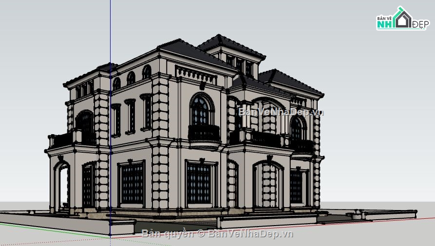 File Sketchup Biệt thự 3 tầng tân cổ điển 25x40m + kèm ảnh render