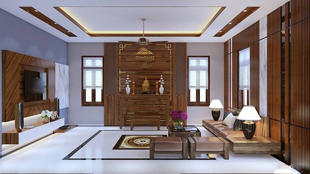 Thiết kế nội thất phòng khách đẹp Á đông